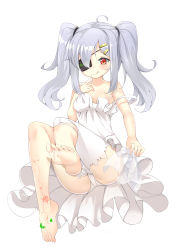 Rule 34 | 1girl, arya crystal, ass, bad id, bad pixiv id, bare arms, bare shoulders, barefoot, breasts, cleavage, dress, eyepatch, hair ornament, hairclip, highres, licking lips, long hair, off shoulder, ootsuki momiji, original, panties, red eyes, school uniform, silver hair, single thighhigh, sleeveless, sleeveless dress, small breasts, smile, solo, thighhighs, tongue, tongue out, torn clothes, torn thighhighs, touhou, touhou ayaria epic, twintails, underwear, upskirt, wavy hair, white dress, white panties, white thighhighs