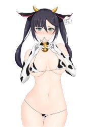 Rule 34 | 1girl, absurdres, alternate costume, animal ears, animal print, bell, bikini, black collar, black hair, blush, breasts, closed mouth, collar, cow ears, cow horns, cow print, cowbell, cowboy shot, ear tag, elbow gloves, fake animal ears, fake horns, fingers to mouth, full-face blush, genshin impact, gloves, green eyes, hair between eyes, hands up, highres, horns, looking at viewer, medium breasts, micro bikini, mona (genshin impact), navel, neck bell, print bikini, print gloves, s-z (11211121k), simple background, solo, standing, stomach, swimsuit, thigh gap, twintails, white background