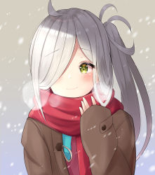 Rule 34 | 1girl, absurdres, ahoge, asashimo (kancolle), blue neckwear, blush, breath, brown coat, coat, commentary, duffel coat, gradient background, hair over one eye, hand up, highres, kantai collection, long hair, long sleeves, looking to the side, nari (narikashi), red scarf, scarf, side ponytail, silver hair, sleeves past wrists, smile, snowing, solo, upper body, yellow eyes