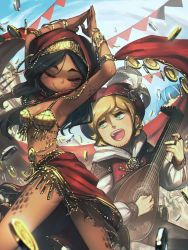 Rule 34 | 1boy, 1girl, absurdres, arms up, bard, black hair, blonde hair, bracelet, clapping, closed eyes, coin, crowd, dancer, dancing, dark-skinned female, dark skin, earrings, fantasy, gold, green eyes, hat, hat feather, highres, instrument, jewelry, long hair, lute (instrument), monster girl, music, original, playing instrument, porforever, revealing clothes, ring, scales, smile, teeth