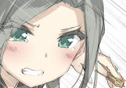 Rule 34 | androgynous, blush, board game, clenched teeth, close-up, copyright request, forehead, gender request, green eyes, grey hair, holding, kani biimu, open mouth, shogi, simple background, speed lines, tears, teeth, upper body, white background