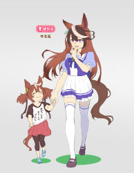 Rule 34 | 2girls, :3, ^ ^, absurdres, aged down, animal ears, blouse, bow, bowtie, brown footwear, brown hair, child, closed eyes, clothes grab, clothes writing, commentary request, earrings, finger to own chin, frilled skirt, frills, gameplay mechanics, grey background, hair between eyes, highres, holding hands, horse ears, horse girl, horse tail, jewelry, leggings, loafers, long hair, mafuyu no mo, medium hair, multicolored hair, multiple girls, open mouth, purple eyes, purple shirt, red skirt, school uniform, shirt, shoes, short sleeves, short twintails, simple background, single earring, skirt, streaked hair, symboli rudolf (umamusume), t-shirt, tail, thighhighs, tokai teio (umamusume), tracen school uniform, translation request, twintails, umamusume, walking, white thighhighs, zettai ryouiki
