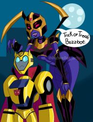 Rule 34 | 1boy, 1girl, black lips, black panties, blackarachnia, blue eyes, breasts, bumblebee (transformers), colored skin, english text, helmet, highres, humanoid robot, ink soup321, medium breasts, panties, purple skin, red eyes, robot, size difference, thick thighs, thighs, transformers, transformers animated, underwear