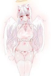 Rule 34 | 1girl, absurdres, angel, angel wings, animal ear fluff, animal ears, bare shoulders, blush, bow, bow panties, breasts, butterfly hair ornament, cleavage, closed mouth, commentary request, earrings, feathered wings, flower earrings, grey eyes, hair ornament, halo, highres, jewelry, large breasts, looking at viewer, navel, no pants, original, panties, shirt, sleeveless, sleeveless shirt, solo, tandohark, thigh gap, thighhighs, underwear, white hair, white panties, white shirt, white thighhighs, white wings, wings