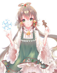 Rule 34 | 1girl, :o, bell, blush, brown hair, dress, fingernails, food, gingerbread man, green dress, green eyes, hair bell, hair between eyes, hair ornament, head tilt, hexagram, highres, holding, holding food, long hair, long sleeves, low twintails, luo tianyi, parted lips, shirt, sidelocks, simple background, solo, star (symbol), star of david, twintails, very long hair, vocaloid, vocanese, white background, white shirt, wide sleeves, yaduo
