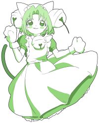 Rule 34 | 1girl, :3, animal hands, animal hat, bell, blush stickers, cat hat, cat tail, clothes lift, commentary request, cropped legs, curtained hair, dejiko, di gi charat, dress, gloves, green theme, grin, hair bell, hair ornament, hands up, hat, highres, jingle bell, looking at viewer, maid, monochrome, neck bell, paw gloves, piezo, puffy short sleeves, puffy sleeves, short hair, short sleeves, simple background, skirt, skirt lift, smile, solo, tail, tail raised, two side up, w arms, white background, wind, wind lift