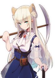 Rule 34 | 1girl, absurdres, animal ears, atelier fraulein, belt, blonde hair, blue skirt, braid, braided bun, braided hair rings, breasts, brooch, closed mouth, commentary request, cowboy shot, double bun, hair bun, highres, holding, holding pickaxe, jewelry, lion ears, long hair, looking at viewer, medium breasts, pickaxe, pouch, see-through, shido lio, shirt, simple background, sketch, skirt, sleeveless, smile, solo, standing, tama (tama-s), virtual youtuber, white background, white shirt