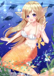 Rule 34 | 1girl, :d, animal, bare arms, bare shoulders, bikini, bikini top only, blush, breasts, brown hair, cleavage, collarbone, commentary request, day, fins, fish, flower, hand up, head fins, large breasts, long hair, mermaid, misaki (misaki86), monster girl, navel, open mouth, original, outdoors, pink flower, purple eyes, scales, smile, solo, swimsuit, underwater, v, very long hair, water, white bikini