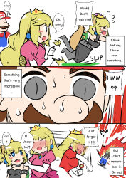 Rule 34 | 1boy, 2girls, black dress, blonde hair, blue eyes, blush, bowsette, bracelet, close-up, collar, comic, crown, dress, english text, engrish text, facial hair, fire flower, fire peach, flying sweatdrops, hat, horns, jewelry, mario, mario (series), multiple girls, mustache, new super mario bros. u deluxe, nintendo, ponytail, princess peach, ranguage, sesield, spiked bracelet, spiked collar, spikes, super crown, sweatdrop, tail, tripping, turtle shell