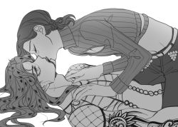 Rule 34 | blood, blood in mouth, cleavage cutout, clothing cutout, diavolo, eyelashes, face-to-face, fishnet top, fishnets, freckles, greyscale, jojo no kimyou na bouken, kiss, long hair, lying, male focus, midriff, monochrome, on back, polka dot hair, ribbed sweater, sempon (doppio note), sweater, turtleneck, vento aureo, vinegar doppio, yaoi