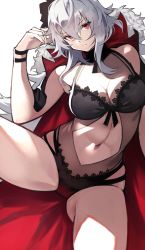 Rule 34 | 1girl, absurdres, azur lane, bad id, bad twitter id, bare shoulders, black flower, black one-piece swimsuit, black rose, breasts, cleavage, closed mouth, clothing cutout, coat, crossed bangs, flower, fur-trimmed coat, fur trim, graf zeppelin (azur lane), graf zeppelin (beachside urd) (azur lane), hair between eyes, hair flower, hair ornament, hand up, highres, jacket, jacket on shoulders, large breasts, long hair, looking at viewer, navel, navel cutout, one-piece swimsuit, red eyes, rose, silver hair, simple background, solo, swimsuit, thighs, very long hair, white background, wrist straps, yoshio (55level)
