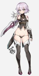 Rule 34 | 1girl, absurdres, arm belt, bandaged arm, bandages, bare shoulders, black panties, black thighhighs, blush, boots, cleavage cutout, clothing cutout, facial scar, fate/apocrypha, fate (series), flat chest, full body, gloves, green eyes, hair between eyes, highres, hip focus, jack the ripper (fate/apocrypha), knife, legs, looking at viewer, lowleg, lowleg panties, navel, panties, scar, scar across eye, scar on cheek, scar on face, serin199, shoulder tattoo, silver hair, simple background, single glove, solo, tattoo, thigh boots, thighhighs, thighs, underwear, white background