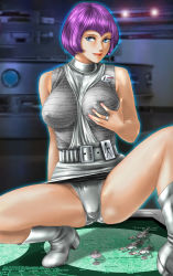Rule 34 | 1girl, alien, belt, blue eyes, bob cut, boots, grabbing another&#039;s breast, breast lift, buttons, clothes lift, eyebrow piercing, flying saucer, gay ellis, grabbing, highres, jewelry, logo, looking at viewer, lt. gay ellis, machinery, map, miniskirt, missile, model, piercing, purple hair, ring, science fiction, sexually suggestive, skirt, skirt lift, spacecraft, spread legs, squatting, starfighter, toten (der fuhrer), toy, ufo, ufo (copyright), uniform, widow&#039;s peak