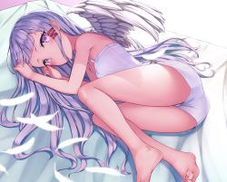 Rule 34 | 1girl, absurdres, arm up, ass, bare arms, bare legs, bare shoulders, barefoot, bed sheet, camisole, closed mouth, feathered wings, feathers, grey hair, hair ribbon, hand up, highres, legs, long hair, looking at viewer, lying, midriff, on side, original, purple eyes, red ribbon, ribbon, ryuinu, shirt, short shorts, shorts, sidelocks, sleeveless, sleeveless shirt, solo, spaghetti strap, toes, tress ribbon, very long hair, white feathers, white shirt, white shorts, wings