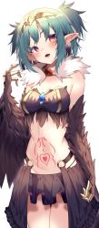 Rule 34 | 1girl, :d, absurdres, bare shoulders, blue hair, blush, breasts, fur trim, hand up, highres, jewelry, jun (aousa0328), looking at viewer, medium breasts, navel, o-ring, open mouth, original, pointy ears, pubic tattoo, red eyes, simple background, skirt, smile, solo, stomach tattoo, tattoo, tongue, white background