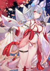 Rule 34 | 1girl, animal ears, babydoll, black gloves, breasts, cameltoe, cleavage, closed mouth, dutch angle, fox ears, fox tail, gloves, grey hair, half gloves, hand up, hip focus, kitsune, kneehighs, kyuubi, light smile, long hair, looking at viewer, medium breasts, mole, mole under eye, multiple tails, original, panties, see-through, smile, socks, solo, standing, tail, tajima ryuushi, thigh strap, thighs, underwear, white panties, white socks, wide sleeves