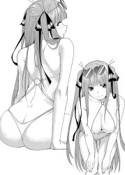 Rule 34 | 1girl, ass, back, bare shoulders, bikini, blush, breasts, butt crack, cleavage, collarbone, glasses, go-toubun no hanayome, greyscale, hair ribbon, hand on own thigh, heart-shaped sunglasses, highres, huge ass, knees together feet apart, kosmos beta, large breasts, leaning forward, long hair, looking at viewer, looking back, monochrome, nakano nino, navel, o-ring, o-ring top, ribbon, simple background, sitting, skindentation, smile, stomach, sunglasses, swimsuit, thigh gap, thighs, thong, thong bikini, white background