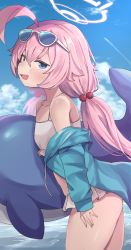 Rule 34 | 1girl, :d, ahoge, bikini, blue archive, blue sky, blurry, cloud, cloudy sky, collarbone, commentary request, depth of field, frilled bikini, frills, from side, hair between eyes, hair bobbles, hair ornament, halo, heterochromia, highres, hood, hooded jacket, hoshino (blue archive), hoshino (swimsuit) (blue archive), jacket, long hair, looking at viewer, looking to the side, low twintails, midriff, official alternate costume, open mouth, pink hair, rokita, sidelocks, sky, sleeveless, smile, solo, stuffed whale, swimsuit, twintails, white bikini