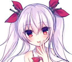 Rule 34 | 1girl, azur lane, bare shoulders, blush, bow, bowtie, collar, detached collar, fingernails, hair between eyes, hair ornament, hair ribbon, hand up, head tilt, long hair, looking at viewer, nail polish, pink nails, red bow, red bowtie, red eyes, red ribbon, ribbon, silver hair, simple background, solo, tongue, tongue out, twintails, vampire (azur lane), white background, white collar, wing collar, ytuorvi