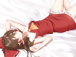Rule 34 | 1girl, absurdres, arm up, ascot, bad id, bad pixiv id, bare arms, bare shoulders, bed sheet, blush, bow, breasts, brown eyes, brown hair, commentary, feet out of frame, frilled bow, frilled shirt collar, frills, hair between eyes, hair bow, hair tubes, hakurei reimu, hand up, highres, long hair, looking at viewer, lying, medium breasts, miniskirt, on back, petticoat, red bow, red shirt, red skirt, sarashi, shinonome asu, shirt, sidelocks, skirt, sleeveless, sleeveless shirt, smile, solo, thighs, touhou, yellow ascot