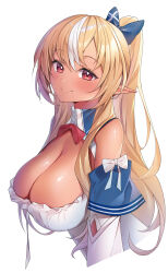 Rule 34 | 1girl, absurdres, bare shoulders, blonde hair, blue bow, blush, bow, bowtie, breasts, dark-skinned female, dark skin, detached sleeves, dress, elf, from side, hair bow, highres, hololive, large breasts, long hair, long sleeves, looking at viewer, multicolored hair, muo (muojjang 0929), pointy ears, ponytail, red bow, red bowtie, red eyes, shiranui flare, shiranui flare (1st costume), simple background, smile, solo, streaked hair, upper body, virtual youtuber, white background, white dress, white hair, white sleeves