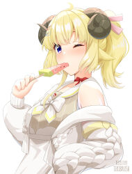 Rule 34 | 1girl, ahoge, animal ears, blonde hair, bow, bowtie, commentary, curled horns, english commentary, food, food in mouth, hair ornament, hairclip, highres, hololive, horn bow, horn ornament, horns, looking at viewer, necktie, off-shoulder jacket, off shoulder, popsicle, popsicle in mouth, sailor collar, sheep ears, sheep girl, sheep horns, simple background, solo, tiribrush, tsunomaki watame, tsunomaki watame (street casual), virtual youtuber, watermark, watermelon bar, white background