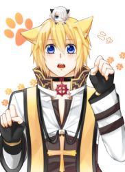 Rule 34 | 2boys, animal ears, arch bishop (ragnarok online), black gloves, blonde hair, blue eyes, blush, brown coat, cat ears, coat, commentary request, cropped jacket, cross, cross necklace, fingerless gloves, gloves, green eyes, hair between eyes, hair over one eye, jacket, jewelry, long sleeves, male focus, mini person, miniboy, multiple boys, necklace, on head, open mouth, oruserug, paw pose, paw print, paw print background, ragnarok online, shadow chaser (ragnarok online), short hair, upper body, white background, white hair, white jacket
