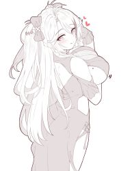 Rule 34 | 1girl, azur lane, backless dress, backless outfit, bare shoulders, blush, bow, breasts, clothing cutout, commentary request, dress, from behind, hair between eyes, hair bow, heart, large breasts, long hair, looking at viewer, looking back, mole, mole on breast, monochrome, moyoron, multicolored hair, official alternate costume, parted bangs, prinz eugen (azur lane), prinz eugen (cordial cornflower) (azur lane), short sleeves, shoulder cutout, simple background, solo, spot color, streaked hair, two side up, very long hair, white background