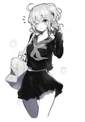 Rule 34 | 1girl, ;d, ahoge, arm up, bag, blush, collarbone, cropped legs, fate/grand order, fate (series), fujimaru ritsuka (female), greyscale, hair between eyes, hair ornament, hair scrunchie, hand in own hair, head tilt, long sleeves, looking at viewer, monochrome, one eye closed, one side up, open mouth, pleated skirt, ririko (zhuoyandesailaer), sailor collar, school bag, school uniform, scrunchie, serafuku, shirt, skirt, smile, solo, white background