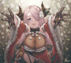 Rule 34 | 1girl, bare shoulders, black gloves, black thighhighs, blue eyes, braid, breasts, detached sleeves, draph, from above, fur-trimmed sleeves, fur trim, garter belt, garter straps, gloves, granblue fantasy, hair ornament, hair over one eye, heart, heart-shaped pupils, horns, ivris, large breasts, light purple hair, long hair, long sleeves, looking at viewer, mistletoe, narmaya (granblue fantasy), narmaya (holiday) (granblue fantasy), obi, open mouth, outstretched arms, outstretched hand, pink hair, pointy ears, pom pom (clothes), sash, smile, snowman hair ornament, solo, symbol-shaped pupils, thighhighs, upper body, very long hair