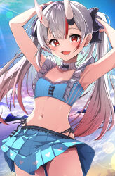 Rule 34 | 1girl, fumi (fumibeing), hololive, horns, long hair, looking at viewer, nakiri ayame, open mouth, red eyes, smile, solo, swimsuit, twintails, virtual youtuber, white hair