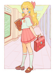 Rule 34 | 1girl, alternate costume, bag, blonde hair, blue eyes, book, border, bow, brooch, brown footwear, charm (object), commentary, earrings, from side, full body, hair bow, hair ornament, hairclip, hallway, highres, holding, holding book, indoors, jewelry, jivke, kneehighs, lips, loafers, long hair, looking at viewer, looking back, mario (series), neckerchief, nintendo, outside border, pink bow, pink sailor collar, pink skirt, pleated skirt, princess peach, red neckerchief, sailor collar, school, school bag, school uniform, serafuku, shoes, skirt, socks, solo, standing, white border, white socks