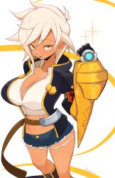 Rule 34 | 1girl, artist name, black gloves, blazblue, blue shorts, breasts, bullet (blazblue), cleavage, dark-skinned female, dark skin, denim, denim shorts, gloves, highres, jellcaps, large breasts, looking at viewer, open mouth, orange eyes, scar, scar on face, scar on nose, short hair, short shorts, shorts, solo, standing, tomboy, white background, white hair