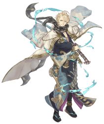 Rule 34 | 1boy, aladdin (sinoalice), anklet, blonde hair, blue eyes, bracelet, eyes visible through hair, full body, gold trim, hair over one eye, hand on hilt, japanese clothes, jewelry, ji no, katana, kimono, looking at viewer, male focus, official art, oil lamp, one eye closed, sandals, scarf, sheath, sinoalice, smile, socks, solo, sword, transparent background, weapon, wide sleeves