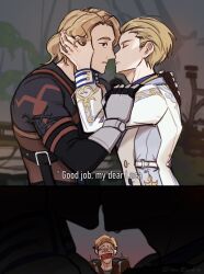 Rule 34 | 3boys, artist name, blonde hair, blurry, blurry background, brown eyes, brown shirt, buttons, commentary, cross-laced clothes, cross-laced sleeves, english commentary, english text, gag, gauntlets, genshin impact, hair slicked back, hand on another&#039;s cheek, hand on another&#039;s face, highres, imminent kiss, improvised gag, jacket, light brown hair, long sleeves, looking at another, luca (genshin impact), male focus, medium hair, multiple boys, parted bangs, praw xd, profile, raised eyebrows, scared, shirt, short hair, silhouette, sonny (genshin impact), tape, tape gag, trembling, turn pale, virgil (genshin impact), white jacket, yaoi