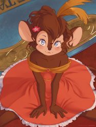 Rule 34 | 1girl, :3, an american tail, an american tail: fievel goes west, ancesra, animal ears, animal nose, artist name, bare shoulders, between legs, blue eyes, blush, body fur, breasts, brown fur, brown hair, cleavage, collarbone, curly hair, don bluth, dress, feather hair ornament, female focus, flower, freckles, frilled dress, frills, from above, furry, furry female, hair flower, hair ornament, hand between legs, happy, highres, looking at viewer, looking up, mini person, minigirl, mouse ears, mouse girl, mouse tail, off-shoulder dress, off shoulder, orange dress, patreon username, red flower, short hair, sidelocks, sitting, small breasts, smile, solo, spread legs, tail, tanya mousekewitz, two-tone fur, universal studios, v arms, watermark, web address