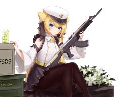 Rule 34 | 1girl, anchor symbol, animal ears, assault rifle, black pantyhose, blonde hair, blue eyes, box, cup, detached sleeves, fish hair ornament, flower, food, fruit, gun, guo582, hair between eyes, hair ornament, hanazono serena, hanazono serena (channel), hat, highres, ice, ice cube, lily (flower), lime (fruit), lime slice, long hair, looking at viewer, pantyhose, parted lips, rifle, sitting, solo, virtual youtuber, weapon