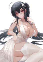 Rule 34 | 1girl, absurdres, andri sakie, azur lane, backless dress, backless outfit, black hair, breasts, center opening, cleavage, cocktail dress, dress, earrings, evening gown, feet out of frame, garter straps, hair between eyes, hair ornament, hair strand, highres, jewelry, large breasts, long hair, looking at viewer, lying, official alternate costume, on side, plunging neckline, red eyes, satin dress, simple background, sleeveless, sleeveless dress, solo, taihou (azur lane), taihou (temptation on the sea breeze) (azur lane), thighhighs, very long hair, white background, white dress, white garter straps, white thighhighs