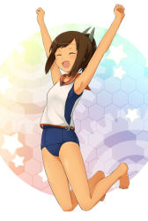 Rule 34 | 10s, 1girl, :d, ^ ^, armpits, arms up, bare legs, bare shoulders, barefoot, blush, brown hair, clenched hands, closed eyes, engiyoshi, gradient background, hair ornament, high ponytail, honeycomb (pattern), honeycomb background, honeycomb pattern, i-401 (kancolle), kantai collection, one-piece swimsuit, open mouth, ponytail, sailor collar, school swimsuit, smile, solo, swimsuit, swimsuit under clothes, tan