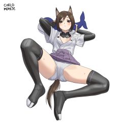 Rule 34 | 1girl, animal ears, arms up, artist name, black thighhighs, blush, breasts, brown eyes, brown hair, carlo montie, closed mouth, clothes lift, commentary, commission, cowboy shot, detached collar, dog ears, dog tail, english commentary, eyelashes, full body, kuroda kunika, looking at viewer, lying, mixed-language commentary, noble witches, on back, panties, pleated skirt, purple skirt, ribbed sleeves, robe, short hair, signature, simple background, skirt, skirt lift, small breasts, solo, spread legs, stuffed whale, sweat, sweatdrop, tabi, tail, thighhighs, thighs, underwear, white background, white panties, white robe, world witches series