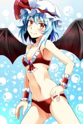 Rule 34 | 1girl, ascot, bat wings, bikini, blue hair, blush, breasts, brooch, bubble, collarbone, e.o., hat, hat ribbon, highres, jewelry, looking at viewer, mob cap, navel, red bikini, remilia scarlet, ribbon, small breasts, smile, solo, swimsuit, touhou, wings, wrist cuffs, yellow eyes