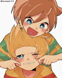 Rule 34 | 2boys, absurdres, blonde hair, blue eyes, brothers, brown hair, child, claus (mother 3), haru-cho, highres, lucas (mother 3), male focus, mother (game), mother 3, multiple boys, nintendo, open mouth, orange hair, shirt, short hair, shorts, siblings, smile, striped clothes, striped shirt