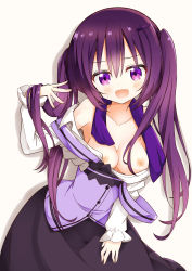 Rule 34 | 1girl, :d, black skirt, blush, bow, bowtie, breasts, collarbone, collared shirt, gochuumon wa usagi desu ka?, hair between eyes, hair ornament, hairclip, hand in own hair, head tilt, highres, leaning to the side, long hair, long sleeves, looking at viewer, medium breasts, nanakusa (user rnpt7322), nipples, no bra, off shoulder, open mouth, partially unbuttoned, purple bow, purple bowtie, purple eyes, purple hair, rabbit house uniform, shirt, simple background, skirt, sleeves past wrists, smile, solo, sweatdrop, tedeza rize, twintails, very long hair, white background, wing collar