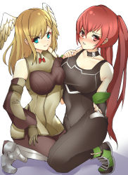 Rule 34 | 1340smile, 2girls, blue eyes, blush, breast press, breasts, brown hair, choker, commission, cosplay, costume switch, crossover, eunie (xenoblade), eunie (xenoblade) (cosplay), fire emblem, fire emblem awakening, gloves, hand around waist, head wings, highres, long hair, looking at viewer, multiple girls, nintendo, red eyes, red hair, severa (fire emblem), severa (fire emblem) (cosplay), smug, twintails, white background, wings, xenoblade chronicles (series), xenoblade chronicles 3, yuri