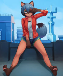 Rule 34 | 1girl, animal ears, blouse, blue hair, blush, body fur, brand new animal, city, feet, furry, furry female, green eyes, highres, kagemori michiru, looking at viewer, multicolored eyes, multicolored hair, one eye closed, outdoors, pawpads, pink eyes, raccoon ears, raccoon girl, raccoon tail, seraziel, shirt, short hair, soles, solo, streaked hair, tail, toes, tongue, tongue out, v, white shirt, wink