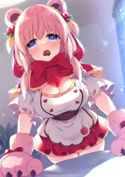 Rule 34 | animal ears, apple print, bear claws, bear ears, blue eyes, blush, bow, bowtie, breasts, capelet, cleavage, commentary request, cowboy shot, food in mouth, gloves, hair ornament, heart, heart print, highres, incoming food, incoming kiss, indie virtual youtuber, juruko, large bow, large breasts, light particles, looking at viewer, miniskirt, original, pink hair, pov, red skirt, ringo sui, shirt, skirt, virtual youtuber, white shirt