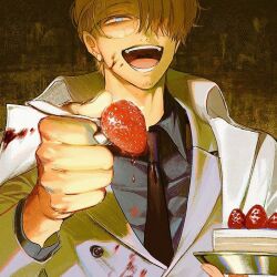 Rule 34 | 1boy, black shirt, blonde hair, blue eyes, cheesecake, collared shirt, facial hair, food, fork, glasses, hair over one eye, holding, holding fork, holding plate, jacket, male focus, necktie, one piece, open mouth, plate, runa (nori31291404), sanji (one piece), shirt, short hair, smile, solo, stubble, white jacket