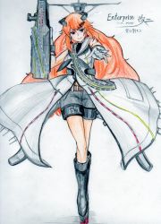 Rule 34 | 10s, 1girl, aircraft carrier, ascot, belt, blue eyes, boots, breasts, character name, colored pencil (medium), flight deck, gloves, hatomame (hatomame-ky), kantai collection, long coat, long hair, mecha musume, military, military vehicle, orange hair, original, personification, sash, ship, shorts, signature, smile, solo, traditional media, united states, united states navy, uss enterprise (cvn-65), uss enterprise (star trek), very long hair, warship, watercraft