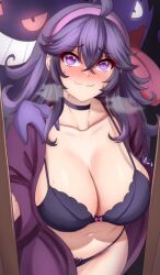 Rule 34 | 1girl, 2others, :3, anisdrawn, blush, bra, breasts, choker, collarbone, creatures (company), game freak, gen 1 pokemon, gengar, hairband, haunter, hex maniac (pokemon), highres, large breasts, long hair, looking at viewer, multiple others, navel, nintendo, panties, pokemon, pokemon xy, smile, solo, stomach, thighs, thong, tongue, underwear, underwear only, very long hair, wide hips