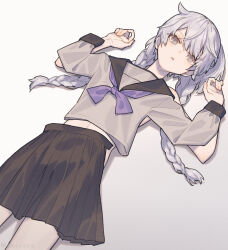 Rule 34 | 1boy, amezaza, black skirt, braid, crossdressing, grey eyes, grey serafuku, highres, juusan kihei bouei ken, long sleeves, lying, male focus, neckerchief, okino tsukasa, on back, pleated skirt, purple neckerchief, sailor collar, school uniform, serafuku, side ahoge, skirt, solo, trap, twin braids, unworn clothes, unworn shirt, unworn skirt, unworn wig, white hair, wig